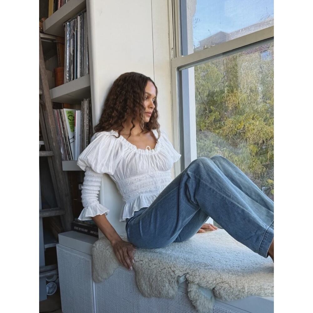 NWT Doen Baptisia Cotton Smocked Bow Puff Long Sleeve Blouse Top Salt White